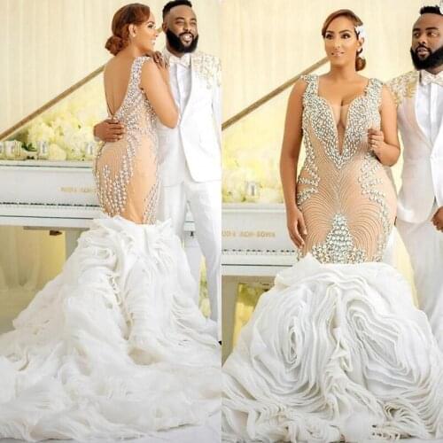 Champagne Mermaid African Wedding Dresses 2021 Luxury Crystal Beaded Cascading Ruffles Trumpet Plus size Bridal Gowns vestidos d