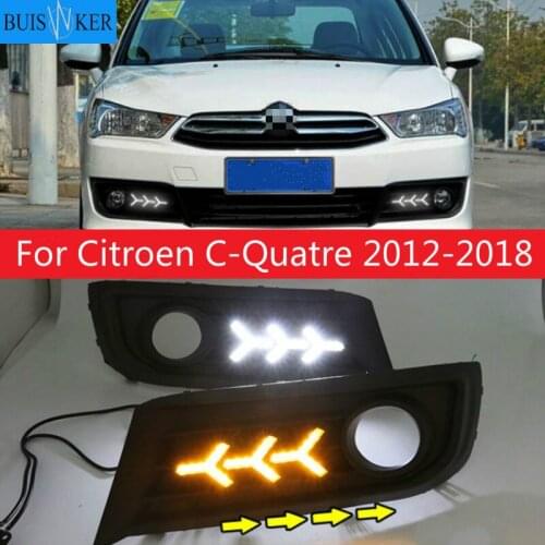 LED DRL daytime running light+Front fog light For Citroen C-Quatre 2012-2018 with Dynamic moving yellow turn signal