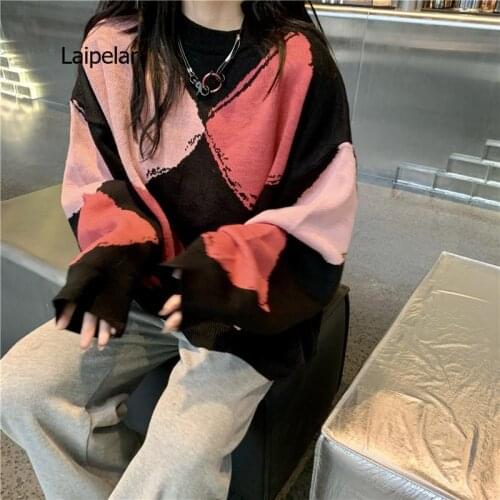 Sweater women Korean fashion retro hit color rhombus pullover sweater long-sleeved top winter womens sweater