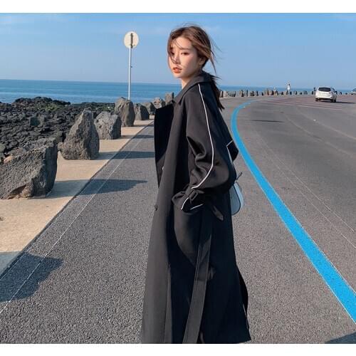 Black Windbreakers Womens Spring Autumn Fashion Trench Coats With Belt Female Long Slim Coat Overcoat Women Casual Loose Coats