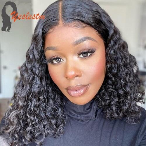 Yeslestm Short Bob Water Wave Lace Front Wig 4x4 Lace Frontal Wig Human Hair 10-16 Inches Remy Hair For Black Women Pre Plucked