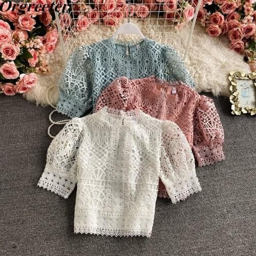 Sweet Puff sleeve Water-soluble Crochet Hollow Lace Womens Shirt Short sleeve All-match cropped Top For Women