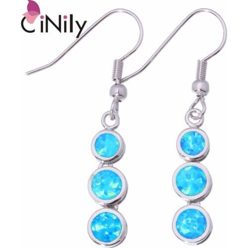 CiNily Created Blue Fire Opal Silver Plated Wholesale Hot Sell for Women Jewelry Dangle Earrings 1 5/8" OH3699