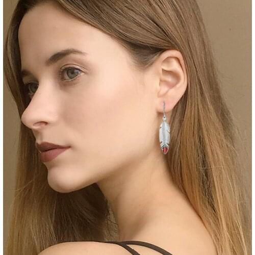 EXYNLON 2019 Drop Earrings Fashion Jewelry for Womens Long temperament Feather eardrop Simple red and blue fashion alloy