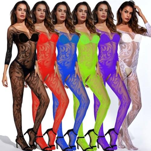 Woman Body Stocking Fishnet Sheer Mesh Bodysuit Sexy Leotard Sex Clothes Open Crotch Mesh Flower Hot Stocking on The Body