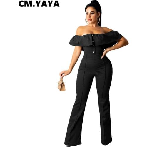 CM.YAYA Women Jumpsuit Ruffles Button Solid Short Sleeve Slash Neck Off Shoulder Skinny Flare Jumpsuits Fashion Outfits Summer