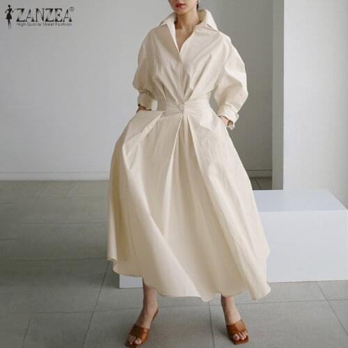Women Autumn Sundress ZANZEA 2021 Elegant Shirt Dress Solid Long Sleeve Maxi Vestidos Female Casual High Waist Robe Oversize 7