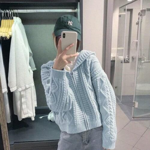 Women 2021 Autumn Winter Twist Zipper Hooded Sweater Coat Female Knitted Jumper Cardigan Womens Solid Long Sleeve Outwear Q763