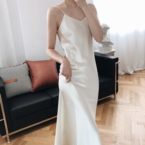 Sherhure 2020 Sleeveless Elegant Summer Long Pure Color Strap V-Neck Satin Women Casual Dress Vestidos