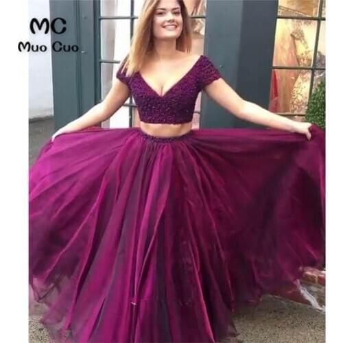 Two Pieces Gown 2018 Navy Blue Prom Dresses Long Double V-Neck Organza Vestido Longo Crystals Beaded Formal Evening Party Dress