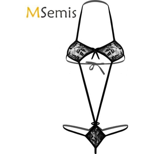 Lingerie Nightwear for Sexy Womens Erotic Micro Bikini Bodysuit Floral Lace Bowknot One-Piece Halter Neck Monokini Swimsuit
