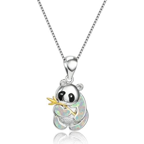 Cute Female Blue White Opal Pendant Necklace Dainty Gold Leaf Chain Necklaces For Women Charm Panda Animal Wedding Necklace