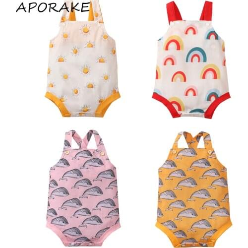 2021 0-18M Cute Newborn Baby Summer Sleeveless Romper Kids Boys Girls Sun/Rainbow/Shark Print Boat Neck Playsuit Cotton Outfit