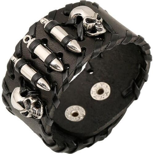 Genuine Leather Skull Bullets Black Wrap Punk Bracelets For Men New Arrival Adjustable Women Bracelet