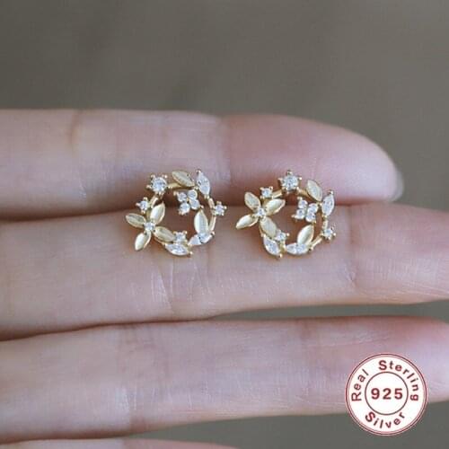 CCFJOYAS 100% Real 925 Sterling Silver White Crystal Wreath Stud Earrings for Women 14k Gold Plated Retro Flowers Earring 2021