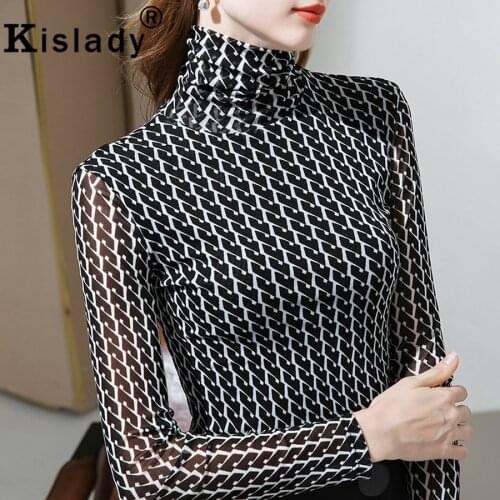 Kislady Turtleneck Long Sleeve Women Shirt Winter Sexy Mesh Tops Plus Size Korean Clothes Harajuku High Street Patchwork Shirt