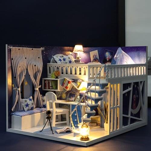 Miniature Dollhouse LED Light Battery Case Wood Starry House 3D Puzzles