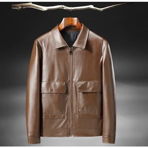 BROWON Men Leather Jacket Autumn Winter Jacket Men Thin Leather Collar Zipper Business Casual Leather Jacket for Men Clothing
