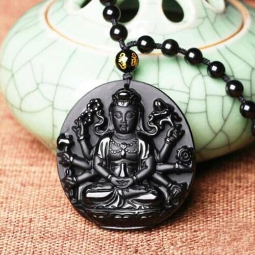 Natural Obsidian Thousand-hand Bodhisattva Jade Pendant Jewelry Lucky Exorcise evil spirits Amulet Pendant Necklace Fine Jewelry