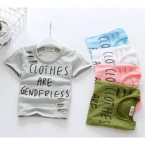 2020 new boy girls short sleeve T-shirt Slub cotton fashion All-match hole print kids clothes Cool refresh Children clothing