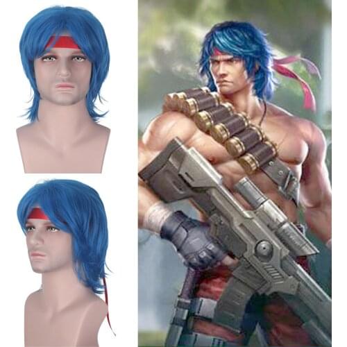 Role Play Contra Lance Game Bean Short Blue Hair with Red Ribbon Halloween Cosplay Wigs