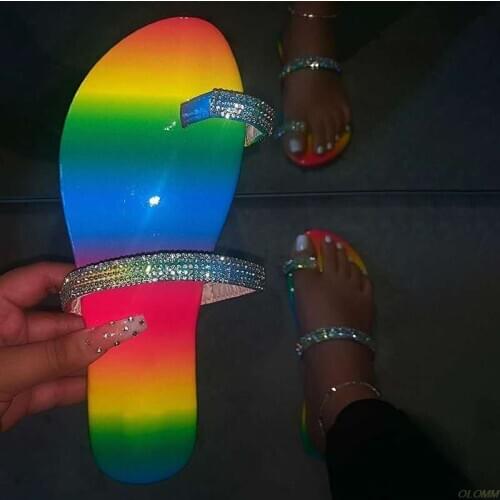 Sexy Rhinestone Shoes Woman Crystal Slippers Comfortable Soft Flat Slides Rainbow Stripes Beach Sandals