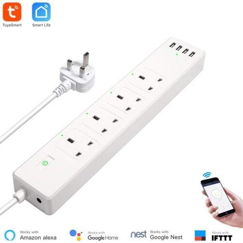 UK Standard WiFi Smart Power Strip 4 Outlets 4 USB ports Smart Extension Cord Work With Alexa Echo and Google Nest Tuya Smart