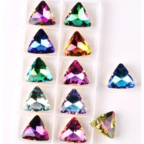 18mm triangle shape gold claw settings 10 pcs/Pack rainbow & jelly candy color glass Crystal Sew on rhinestone applique diy