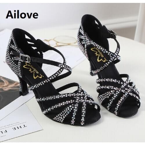 Rhinestone Ballroom Latin Sandals Handmade Professional Salsa Dance Shoes Party Wedding Soft Rubber/Suede Sole Heels ALS015