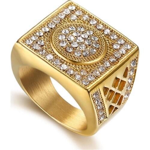 Rhinestone Square Hollow Ring Gold Color Stainless Steel Iced Out Bling Rings For Man Hip Hop Style Party Jewelry Dropshipping