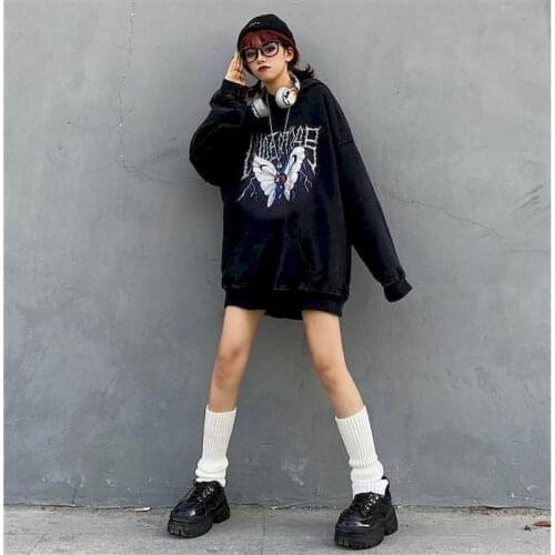 2021 Fall Winter Hoodies Women Plus Velvet Long Sleeve Jacket Oversized Sweatshirt Korean Goth Clothes Harajuku Tops Print