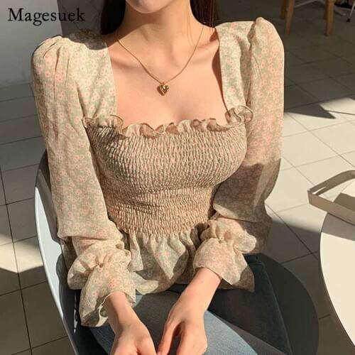Women Print Vintage Plus Size 2020 Autumn Puff Sleeve Shirt Womens Blouse Ruffles Casual Ladies Blouses Blusas De Mujer 11239