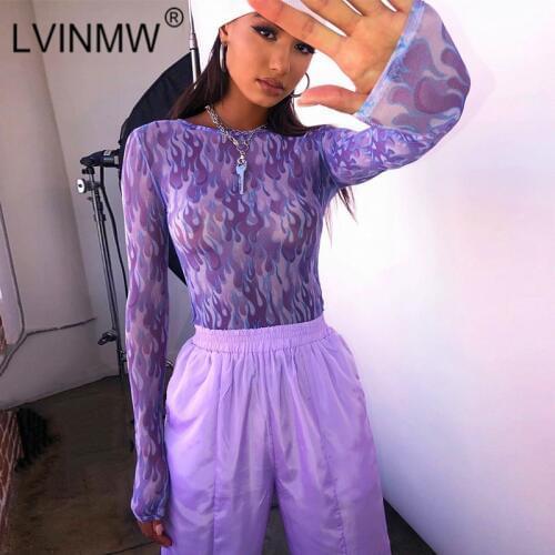 LVINMW Sexy Flame Print Mesh See Through O Neck Slim T Shirt 2019 Autumn Women Fashion Long Sleeve Tees Female Streetwear Tops