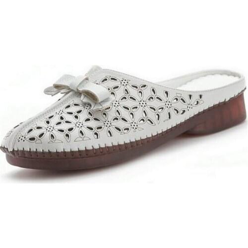 2021 hollow top cowhide bow fashion slippers Casual Shoes woman Leather Sandals Soft Comfort summer shoes flat slippers sandals