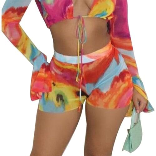 Women Summer Close-fitting Tops/ Shorts/ Pants, Multicolor Tie-dyed Printed Pattern Long Sleeve Tops for Beaches