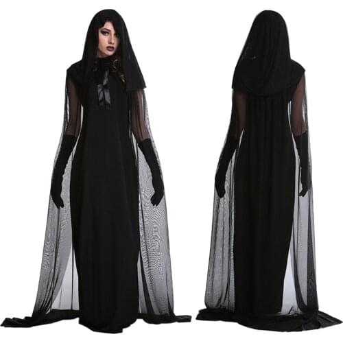 New 2Pcs Women Cosplay Costume Solid Color Hooded Black Mesh Mantel Cloak Slim Long Dress for Halloween Party Role-Play
