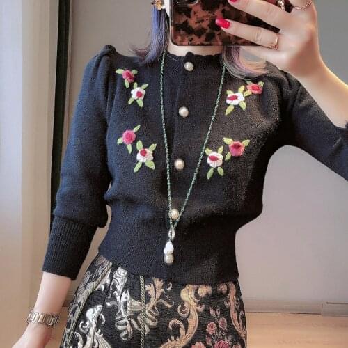 Floral Embrodiery Cardigan Crop Top Women Yellow Knitted Cardigan Cute 2021 Fall Pearl Buttons Long Sleeve Cropped Sweater Coat