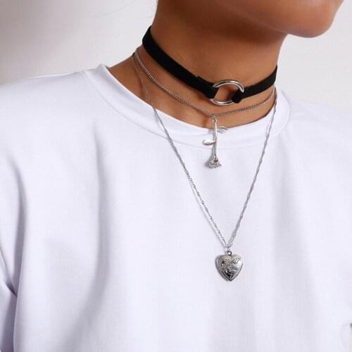 Gothletic 3 Multilayer Choker Metal Rose Heart Locket Charm Necklaces & Pendants Womens Fashion Punk Jewelry 2020 New