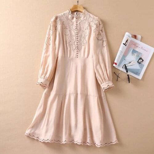 Top Quality Womens Dress 2021 Autumn Party Events Women Hollow Out Embroidery Patchwork Long Sleeve A-Line Vintage Dress Robe