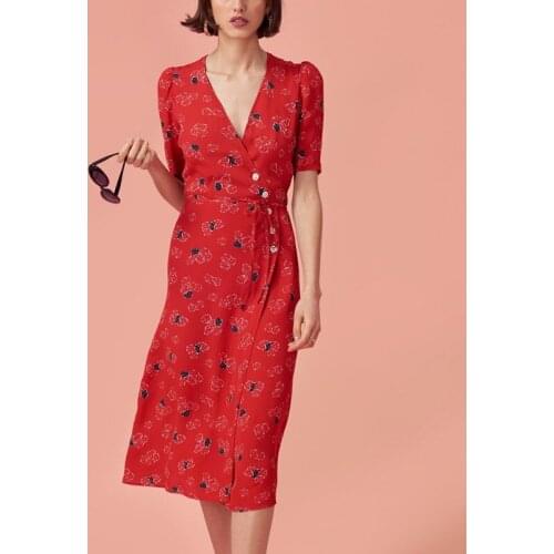 V-Neck Slim Women Summer Fashion Floral Print Split Midi Dress Female Elegant New Casual Evening Dress Ladies French Dress ML122