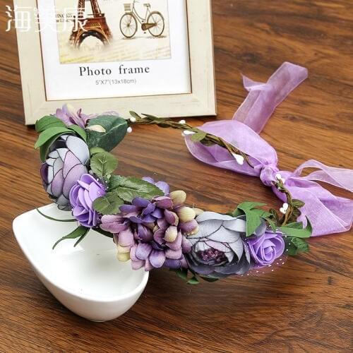 Haimeikang Lady Girl Boho Hair Accessories Wreath Floral Crown Adjustable Purple Wreath Crown Beach Vacation Headband