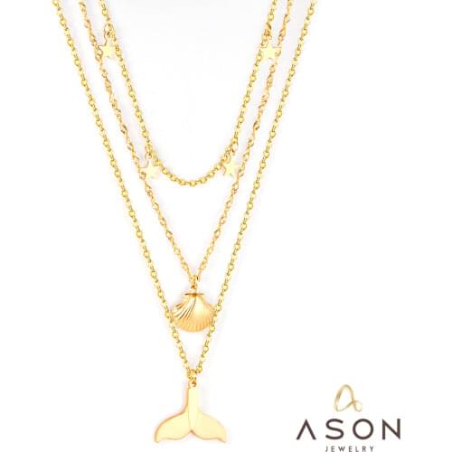 ASONSTEEL 316L Stainless Steel Shell Fish Tail Pendant Multi Layer Necklace Star Choker for Women Party Gift Fashion Jewelry