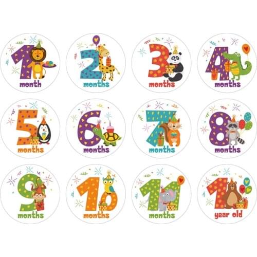 D0AF 12 Pcs/Set Cartoon Animal Baby Monthly Stickers Photography Commemorative Card Number Photo Props Newborn Milestone Month