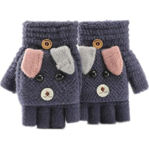 Kids Winter Warm Convertible Flip Top Gloves Cartoon Dog Knitted Plush Mittens F42F