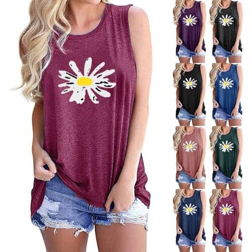 INITIALDREAM Tops Women 2021 Daisy Print Tank Top Women O-Neck Sleeveless Summer Tee Shirt Loose Vest Plus Size Women Clothing