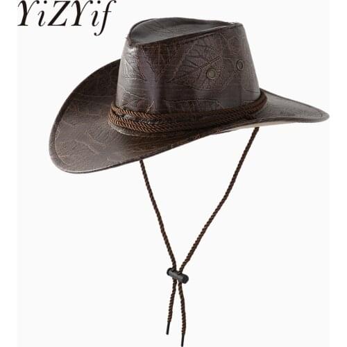 PU Leather Western Cowboy Hat Men Women Outdoor Wide Brim Leather Summer Wide Brim Beach Travel Cap Grassland Rider Cowboy Hat