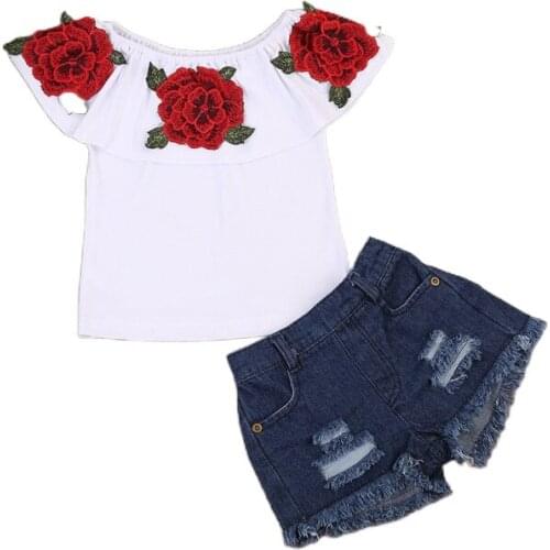 Little Girls Clothes For Summer Rose Embroidery Embroidered Turn Down Ruffled Collar+Hole Tassles Jeans Shorts Kids Outfits