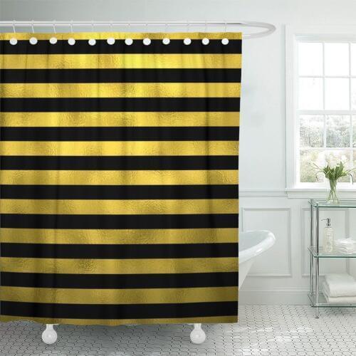 Line Gold and Black Metallic Faux Stripes Striped Lined Shower Curtain Waterproof Polyester Fabric 72 x 72 Inches Set with Hooks