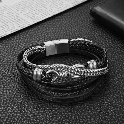 HaoYi Fashionable Mens Hand Woven Leather Bracelet 6mm Stainless Steel Chains Combination Accessories Multilayer Punk Jewelry