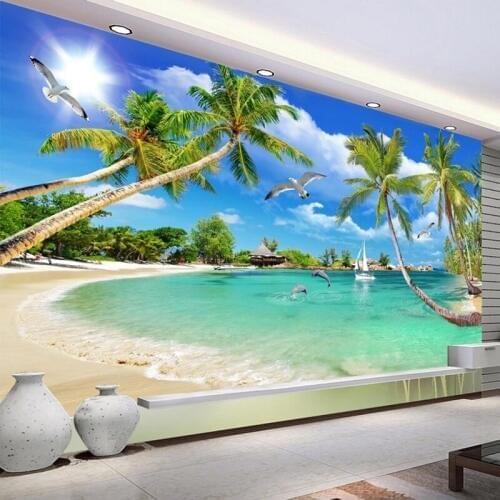 Seascape Custom Wall Paper Murals Beach Coconut Tree 3D Photo Wallpaper For Living Room Sofa TV Background Mural Papel De Parede
